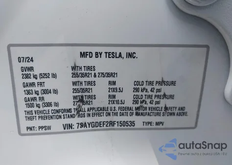 2024 Tesla Model Y Performance Dual Motor All-Wheel Drive z USA, uszkodzony, nr VIN 7SAYGDEF2RF150535